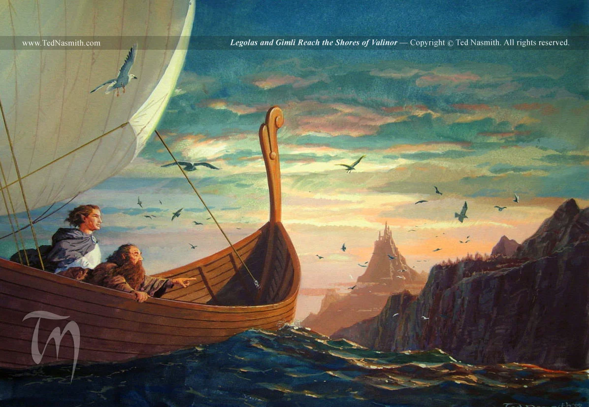 Gimli y Legolas llegan a las costas de Valinor, por Ted Nasmith