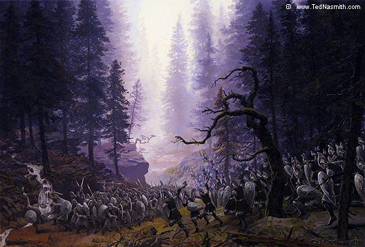 «El ejército de orcos cae en una emboscada en Brethil», de Ted Nasmith